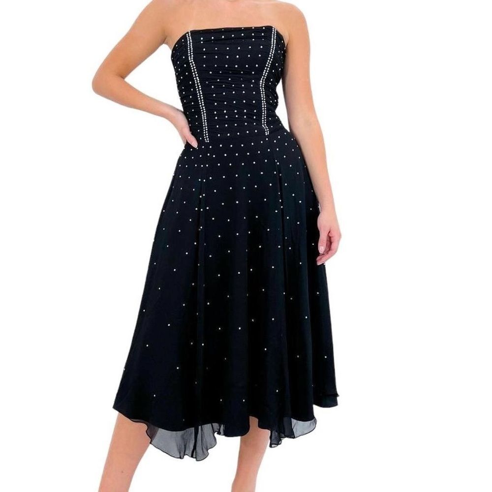 90s Betsey Johnson Evening Designer Vintage Black Strapless Dress Rhinestones 4